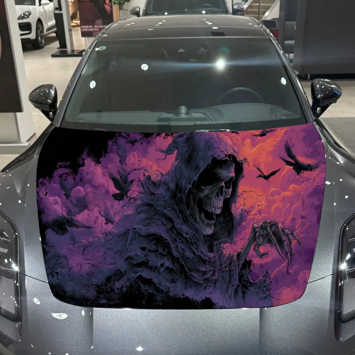 Reaper Raven Mystic Thrill Dark Fantasy Aura PVC Car Engine Hood Vinyl Wraps, Self-Adhesive Waterproof Car Hood Decal Sticker, C