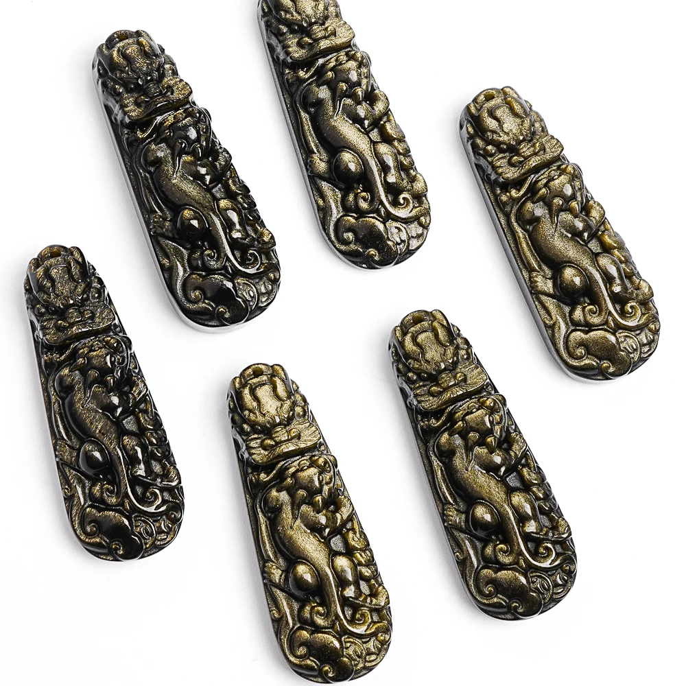 

Dragon Hook Design Golden Obsidian Pendant Chunky Carved Stone DIY Charm for Women's Necklace Crafting Jewelry 58X20X13MM