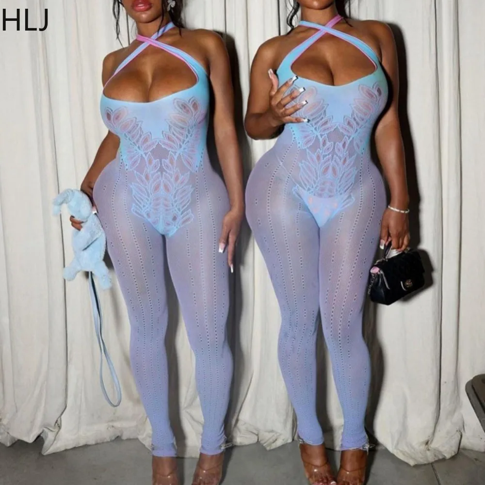 HLJ Sexy Thick Knitting Hollow Bodycon One Pieces Jumpsuits Women Off Shoulder Sleeveless Slim Playsuit Fashion Stretchy Overall