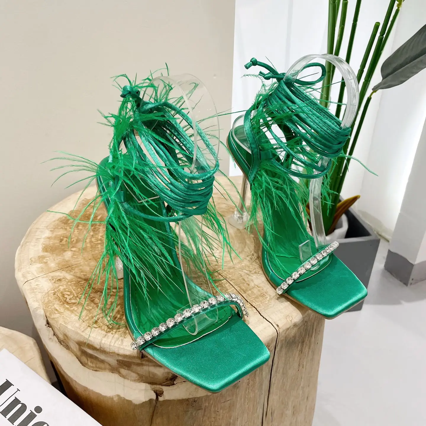 Roman Feather Rhinestone Square Toe High Heels Shoes Woman Summer Autumn Sweet Party Wedding Dress Sandals Woman view 6