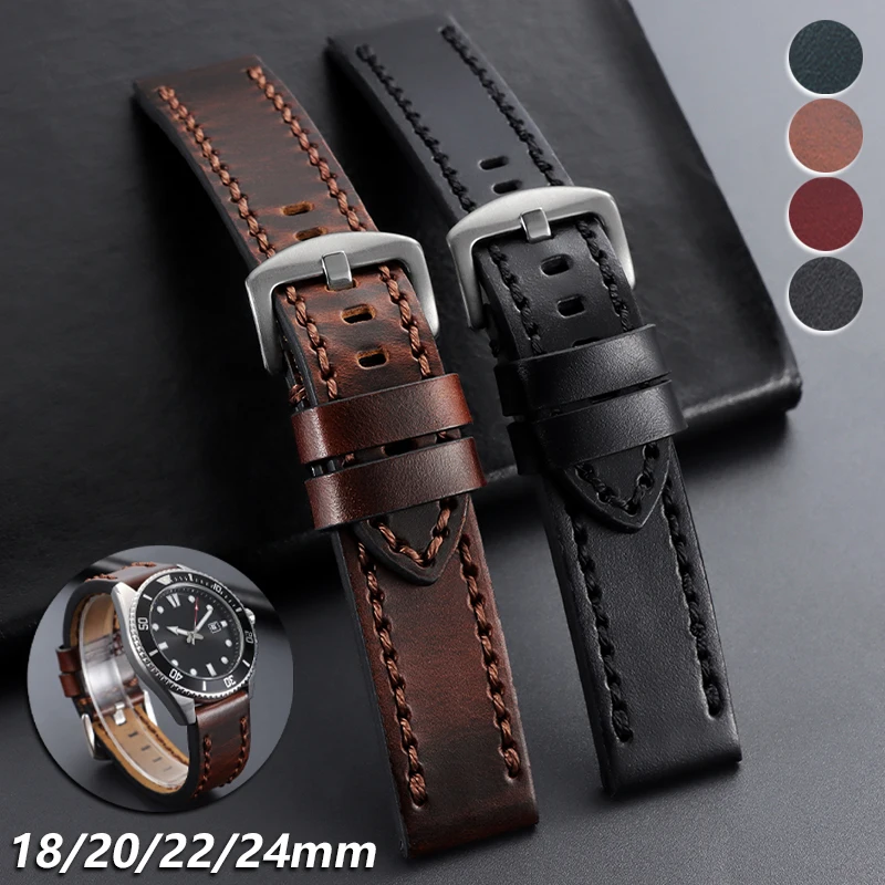 Top Grain Vintage Cowhide Leather Watch Band 18mm 20mm 22mm 24mm Hand‑stitched Strap Retro Calfskin Durable Replacement Bracelet