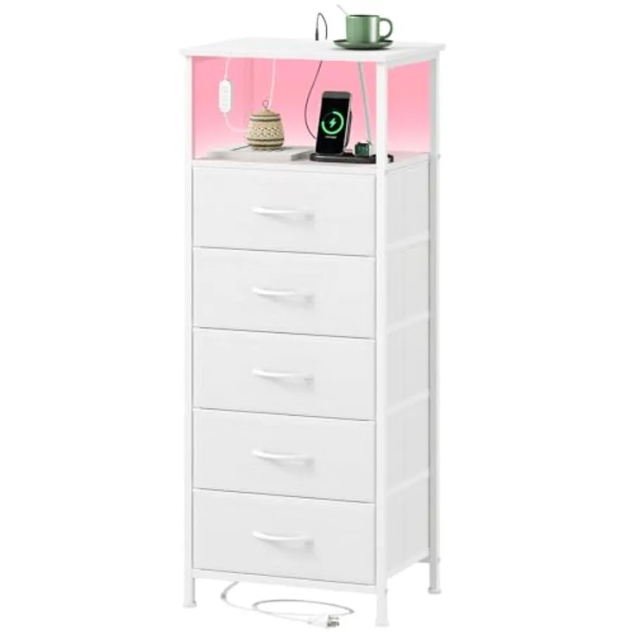 

White Nightstand with Charging Station and LED Light for Bedroom Tall 5 Drawers Dresser with Fabric Bins for Bedside Dorm Room