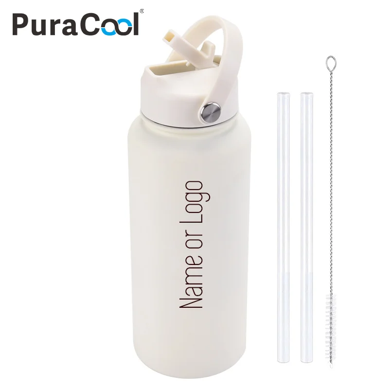 

PuraCool Personalised Water Bottle 1000ml/1L/32oz Insulated Thermos Customised Tumbler Flask with Straw