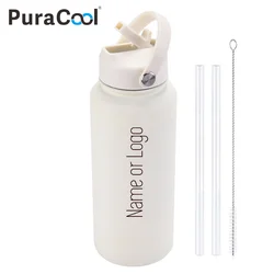 PuraCool Custom Water Bottle 1000ml/1L/32oz Insulated Thermos Personalized Tumbler Flask with Straw