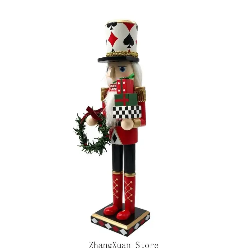 Tisch-Weihnachtsdekoration, Nussknacker-Statue mit Spielkartenanzug, bemalte hölzerne Soldatenfigur, flache Basis für 3 x – Detail 7
