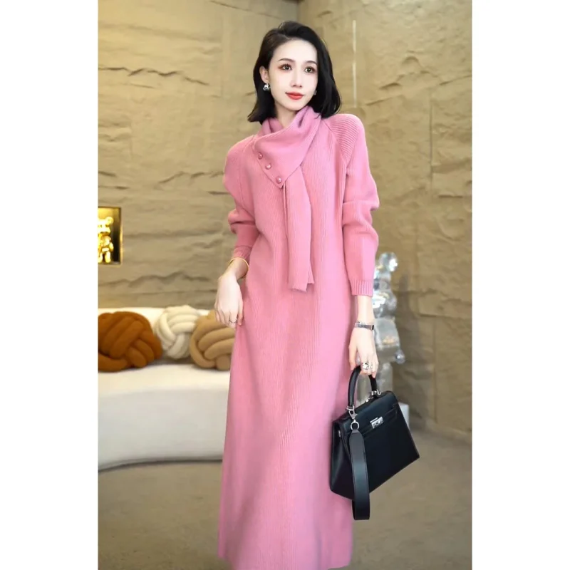 

Designed Autumn Winter New Women'S Wool Knitted Dress Loose Belly Covering Slimming Inner Wear Over--Knee Scarf Sweater Dress