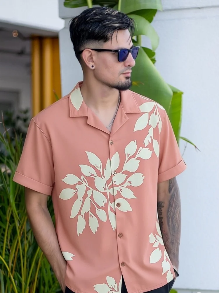 

Men's Pink Floral Printed Half Sleeves Work Shirt Fashion Cuban Collar Oversized Summer Korean Tops Casual Holiday Outwears