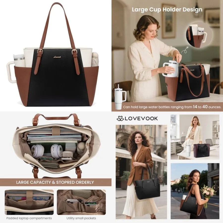 

Laptop Tote Bag for Women With Large Cup Holder, Leather Work Tote Bag for Women, Professional Computer Briefcase Business Teac