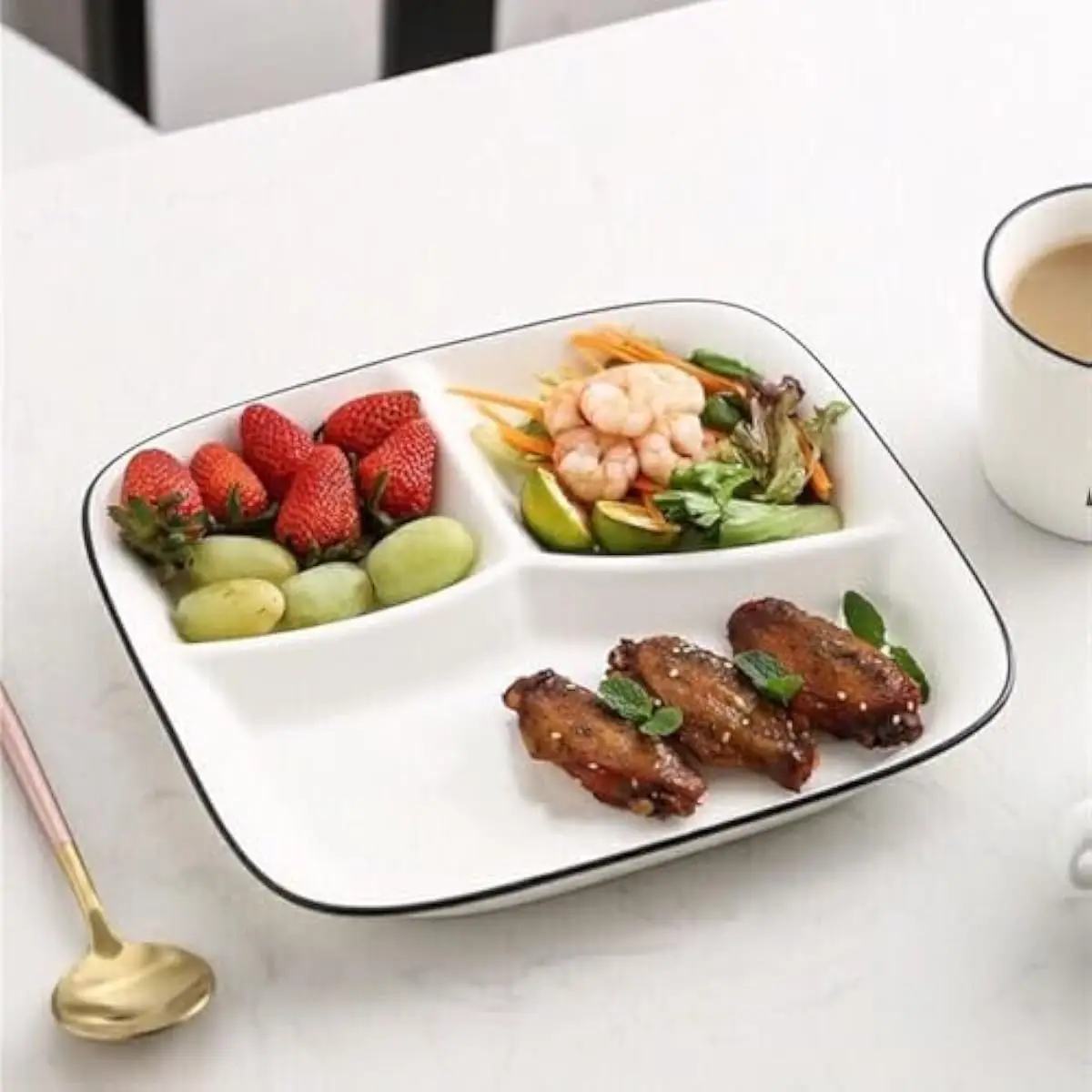 Ceramic Portion-Control Dinner Plate Set 2 pcs Square 9.9 Inch with Three Ergonomic Compartments Golden Ratio Layout Microwave D view 2