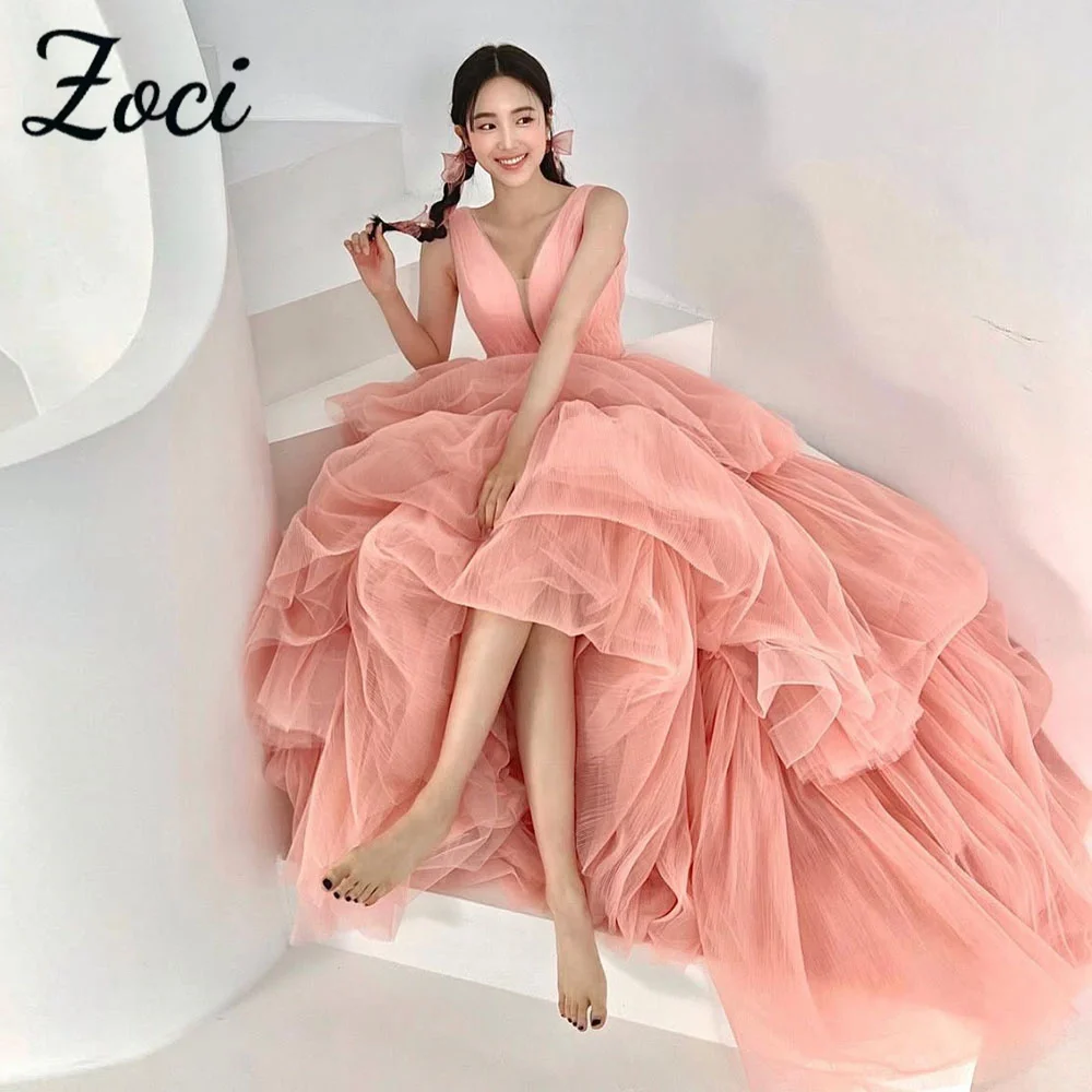 

Zoci Fairy Tulle Pink Evening Dress A-line Deep V Neck Tiered Korea Wedding Dresses Photo Shoot Customized Bridal Reception Gown