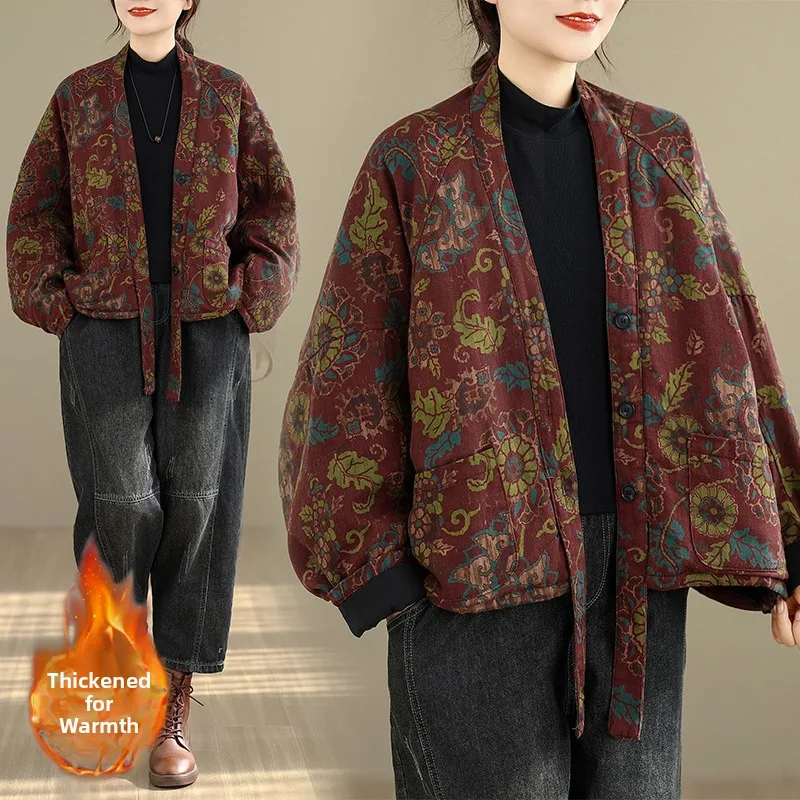 

plus Size Jaet Women's Autumn Winter Cotton Coat Retro Print Batwing Sve Button up Cotton Top Women's Faion Commute Sle