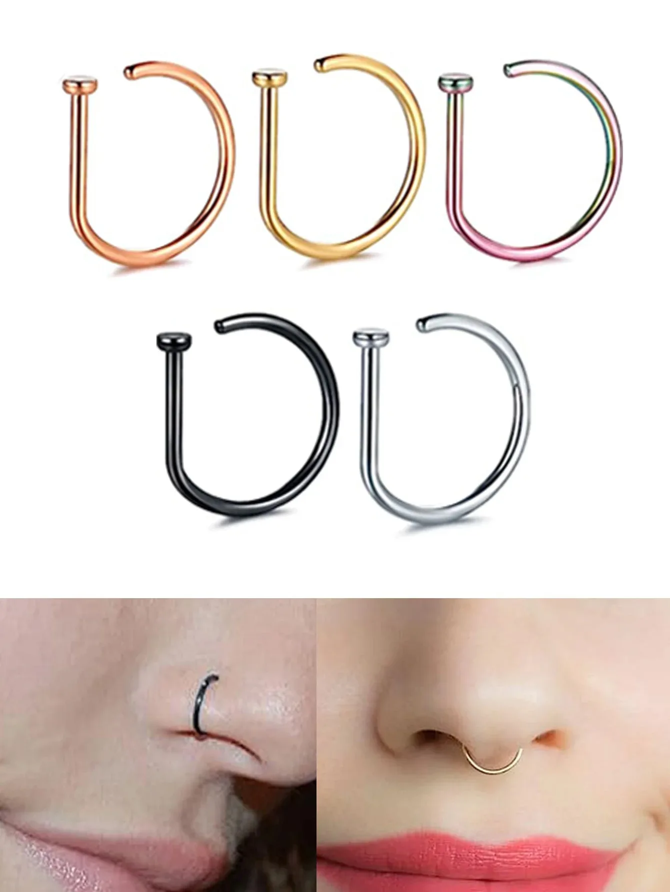 

Поддельный пирсинг носа из нержавеющей стали, изогнутая штанга D, кольцо для козелка, спираль, обруч, серьги-гвоздики для перегородки, украшения для тела для женщин и мужчин