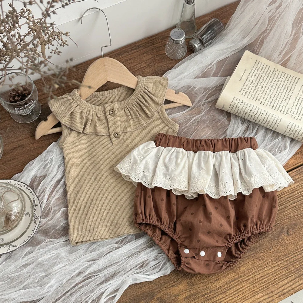 

2026 Summer New Baby Girl Sleeveless Clothes Set Infant Girl Ruffled Vest + Lace Dot Shorts 2pcs Suit Toddler Cotton Outfits
