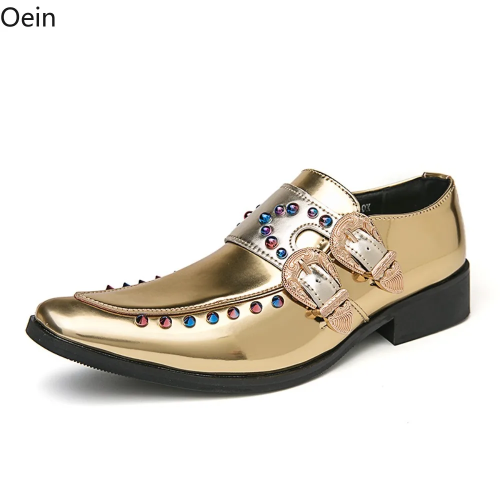 

Men Leather Shoes Slip On Glitter Nightclub Party Wedding Pointed Toe Buckle On