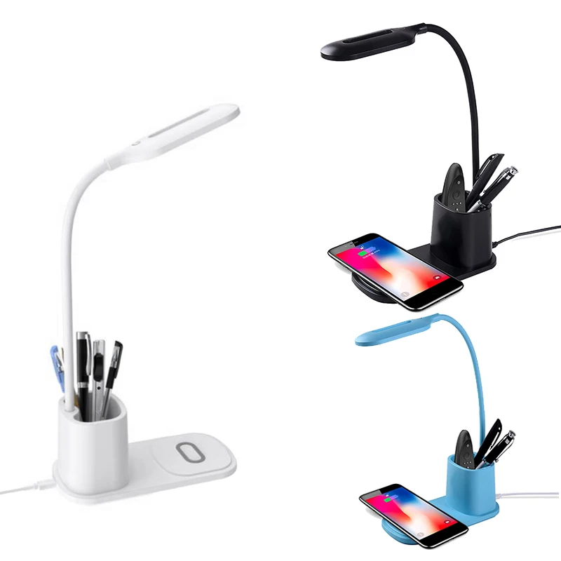 LED Desk Lamp With Wireless Charger, Press Control Table Lamps With 360 Degree Flexible Metal Hose & Pen Holder Promotion