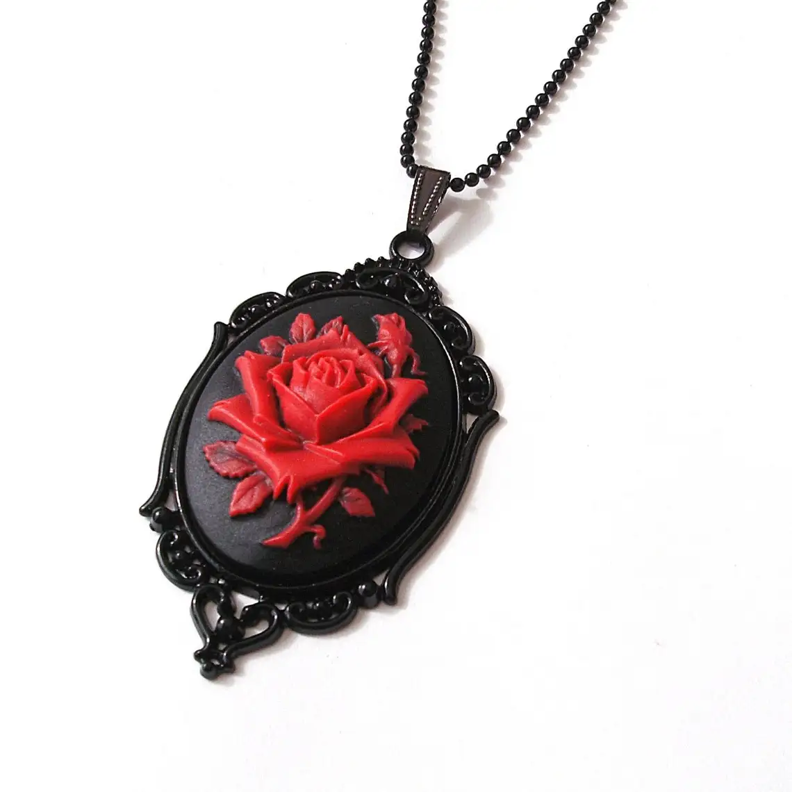 Victorian Black and Red Rose Cameo Necklace, Vintage Gothic  Necklace in Ornate Black, 24”Chain