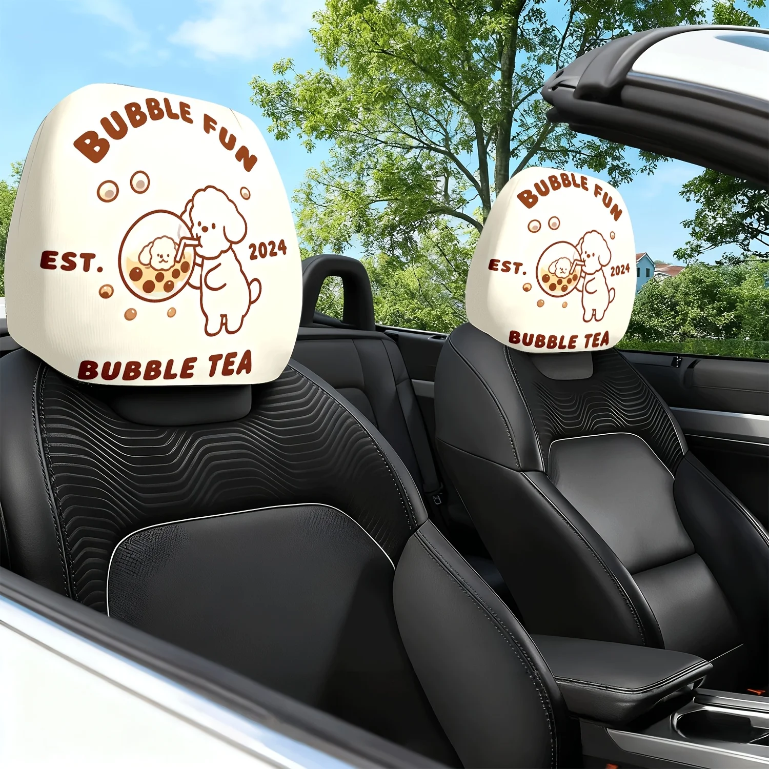 2pcs Car Headrest Covers, Bubble Dog Themed Print Pattern Car Seat Cushion Headrest Neck Pillow Cover - with Cute Design - Car