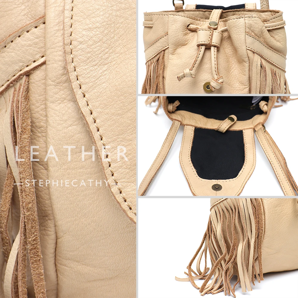 SC Casual Genuine Leather Tassel Shoulder Bag Women Hippie Vintage Cowhide Fringe Drawstring Flap Sling Purses Crossbody Handbag