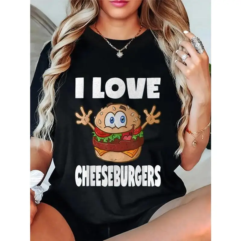

I Love Cheeseburgers T-Shirt, Funny Cartoon Food Graphic Tee, Women's Men's Burger Lover Novelty Top, Cute Fast Food Casual