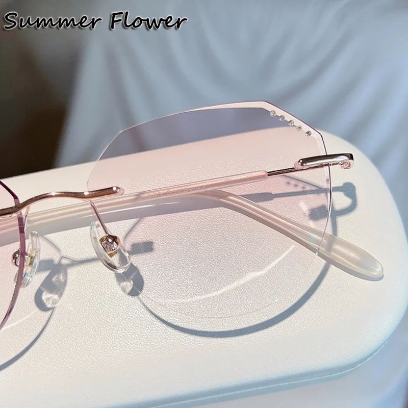 

Women Rimless Eyeglass Titanium Round Ultra Light Elegant Rhinestone Prescription Glasses Lady Optical Frameless Jewelry Gafas