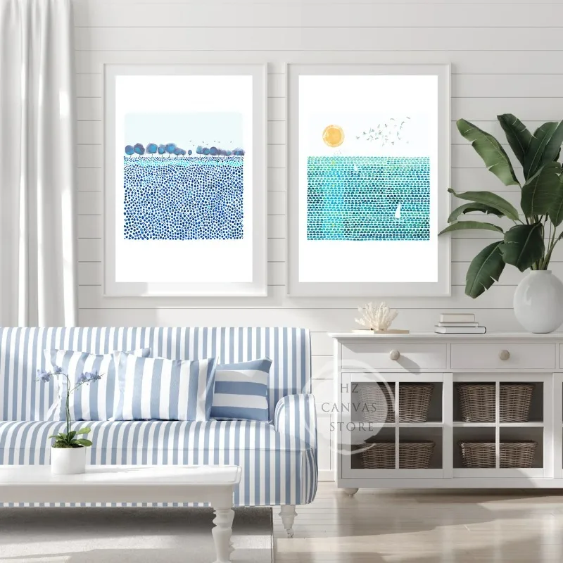 Watercolor Abstract Landscape Posters and Prints Blue and Green Sea Canvas Printings Modern Wall Art Picture Living Room Decor