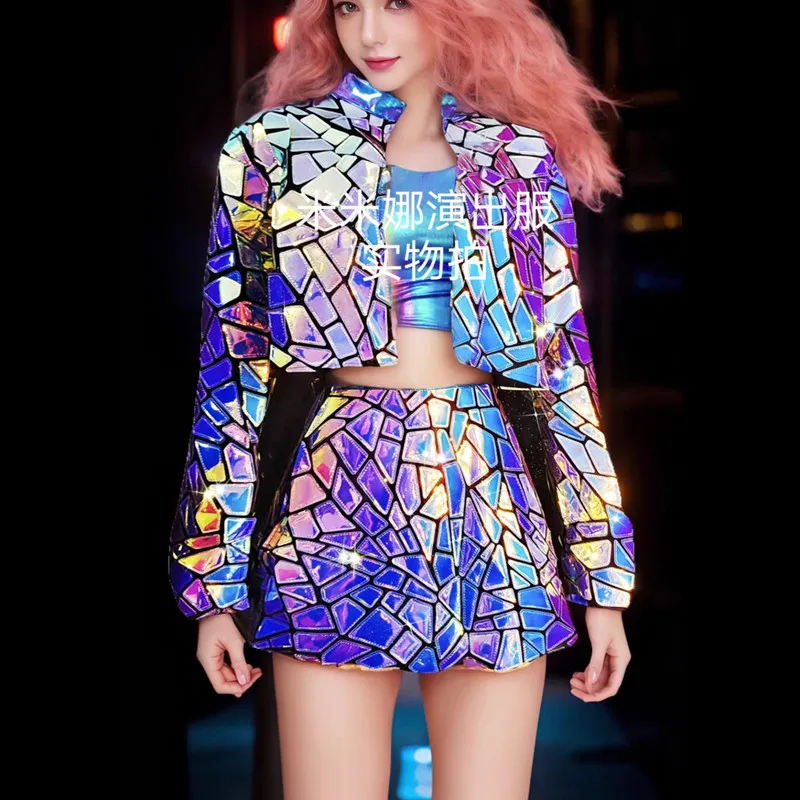 Giacca con specchio laser lucido Minigonna Abito da ballo per donna Jazz Dance Team Performance Costume Festa di compleanno Festival Abbigliamento