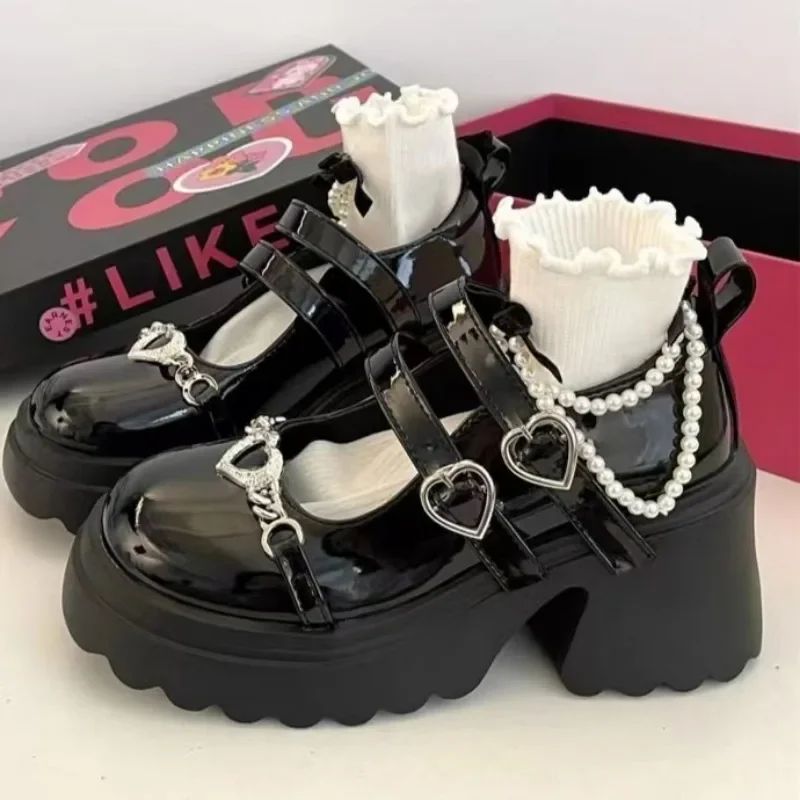 Lolita Schoenen Dames Punk Platform Pumps Metalen Ketting Mary Jane Lolita Schoenen Vrouw Japans Lakleer Hoge Hakken Gotische Schoen