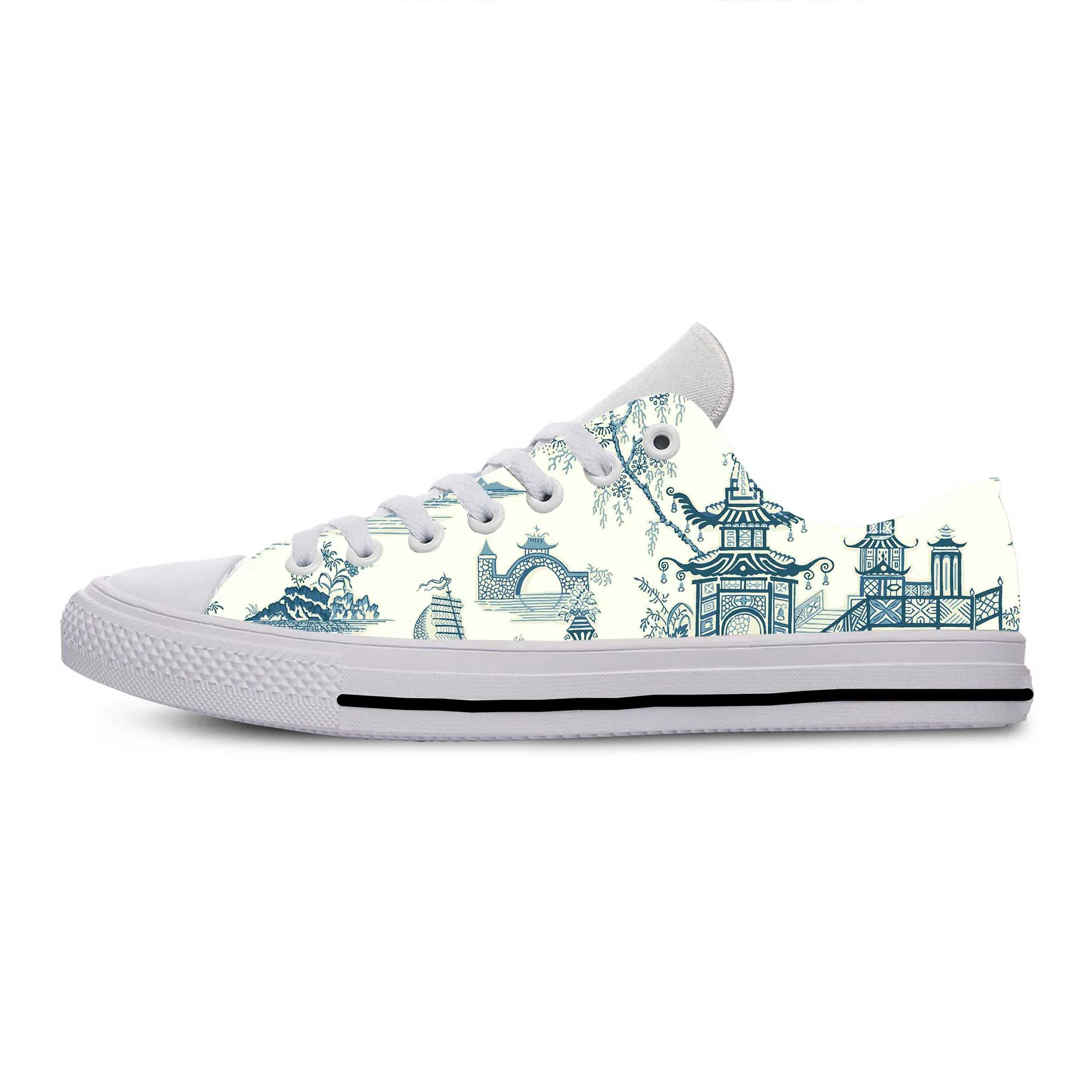 Blauw Wit Wilg Pagode Chinoiserie China Patroon Casual Doek Schoenen Lage Top Comfortabel Ademend 3d Print Heren Vrouwen Sneakers