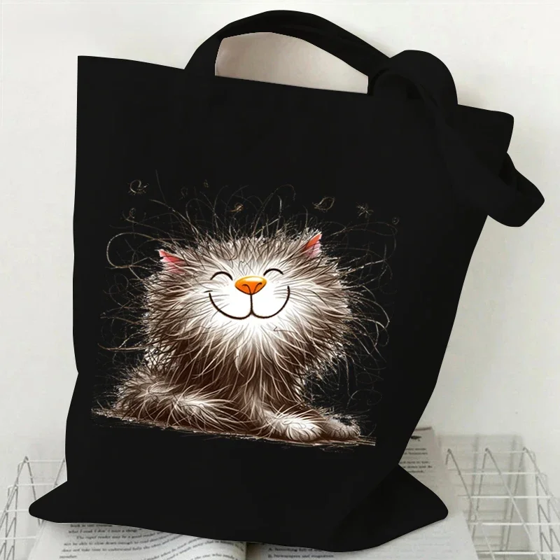 กระเป๋าผ้าใบลายแมวและไก่สุดฮาสำหรับผู้หญิงกระเป๋านักช้อปกระเป๋าถือใช้ซ้ำได้ลายการ์ตูน tas Jinjing bahu สัตว์อะนิเมะ
