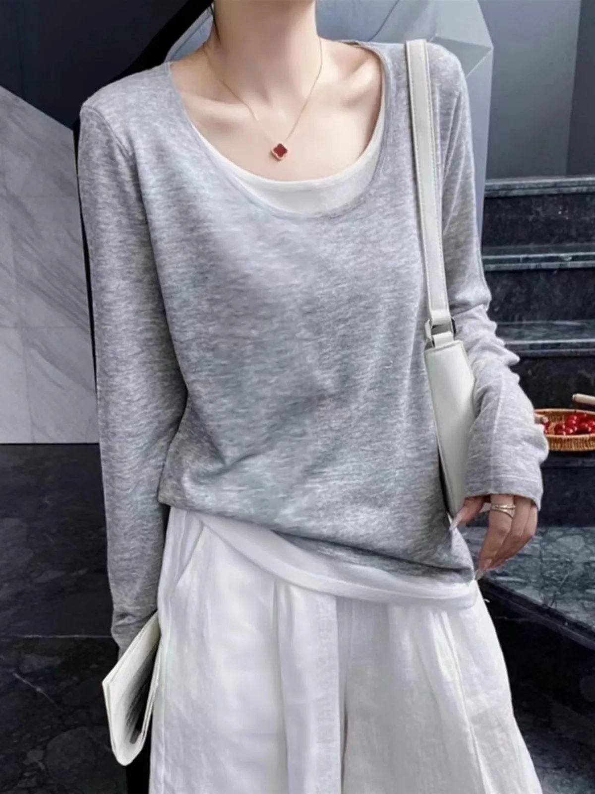 2024 Splicing color contrast cashmere knitwear women\'s spring and autumn thin loose round neck matching color wool base shirt