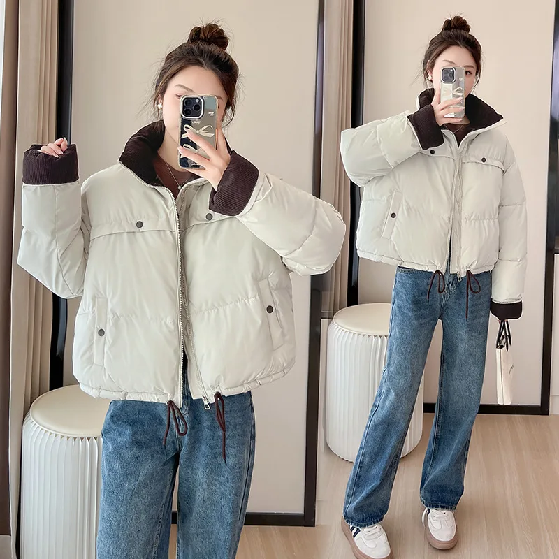 Women Parkas Overcoat Short Coat Long Sleeve Turn Down Collar Zipper Straight Solid Thick Loose Office Lady Casual 2025 Winter