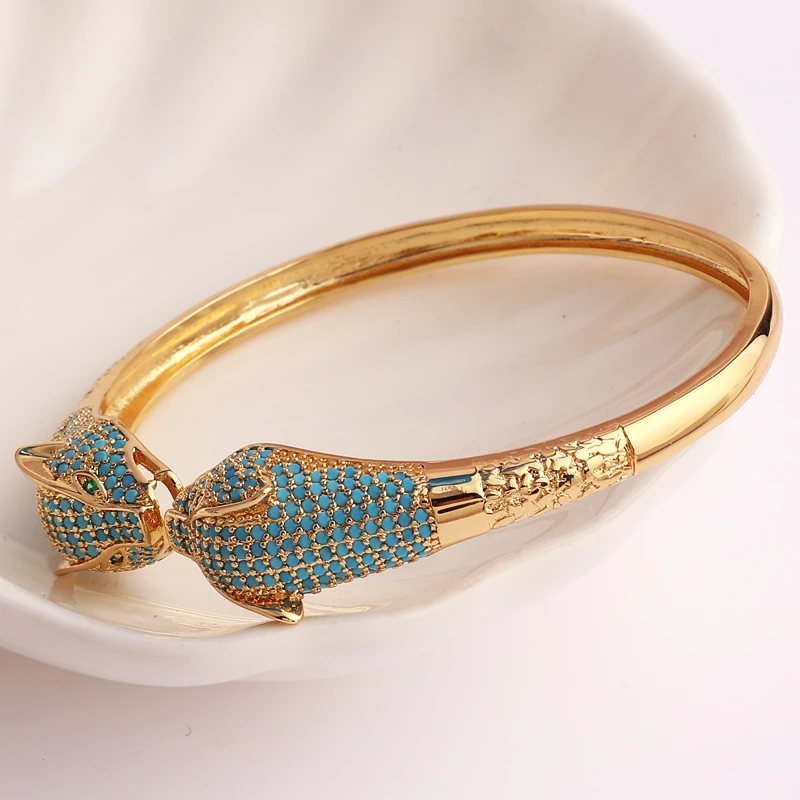 New Arrived Double Leopard Head Statement Bracelet Bangle for Women Grils Copper Metal Gold Plated Turquoise Animal Bracelet
