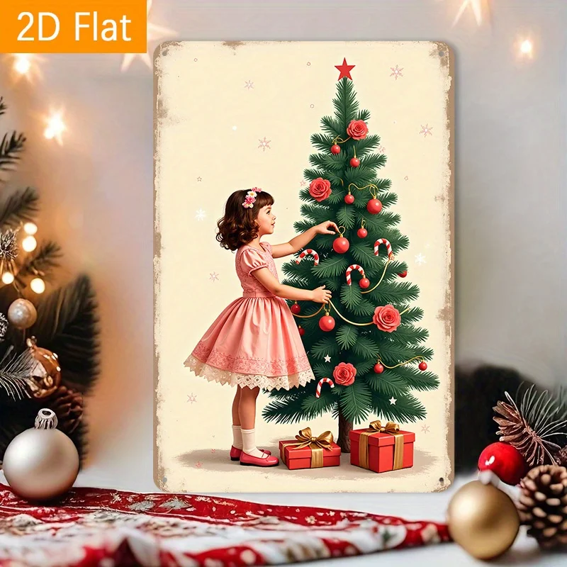 1 Retro Style  Girl Decorative Christmas Tree Metal Tin Sign - es Reusable Holiday Wall Art, Child-Safe Home Decoration for Fami