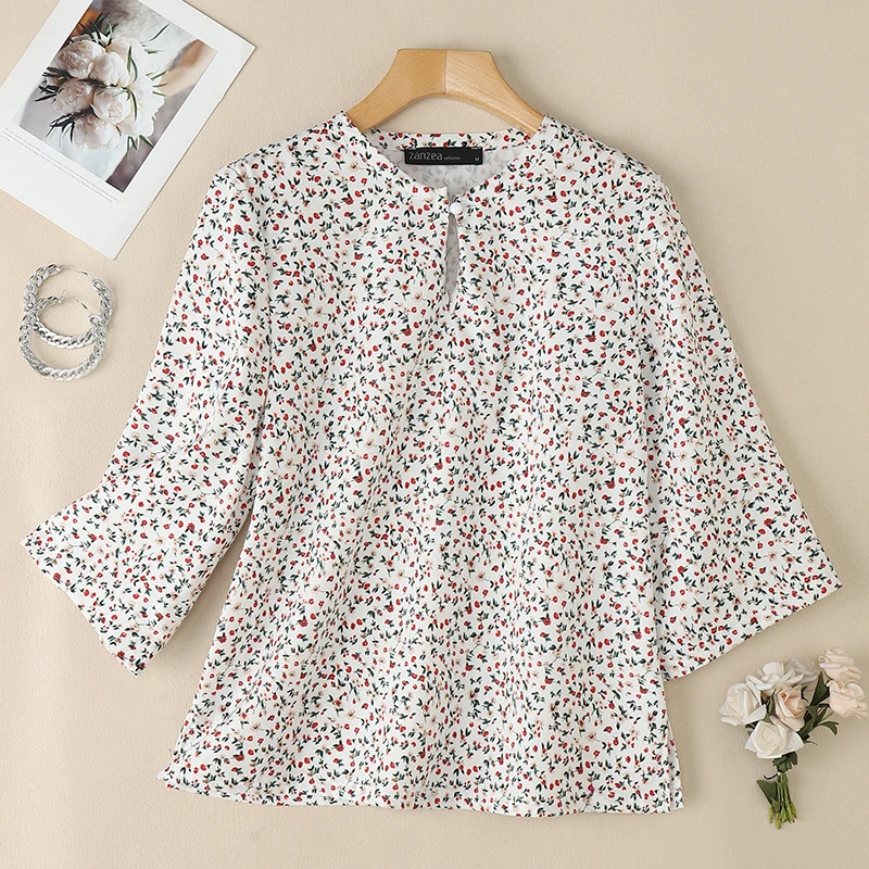 

ZANZEA Women Summer Floral Printed Blouse Bohemain Holiday Shirts Female O-Neck 3/4 Sleeve Work Tops Casual Blusas Oversize 2026