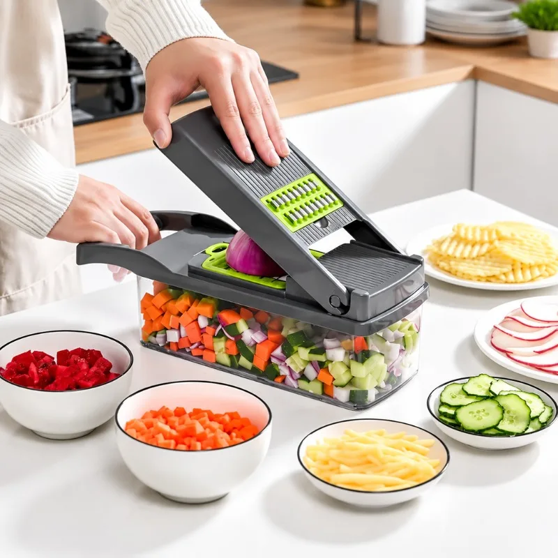 Vegetable Slicer 16 in 1 Multifunctional Cutter Grater Shredder Chopper with Basket for Fruit Potato Carrot Onion Kitchen Use