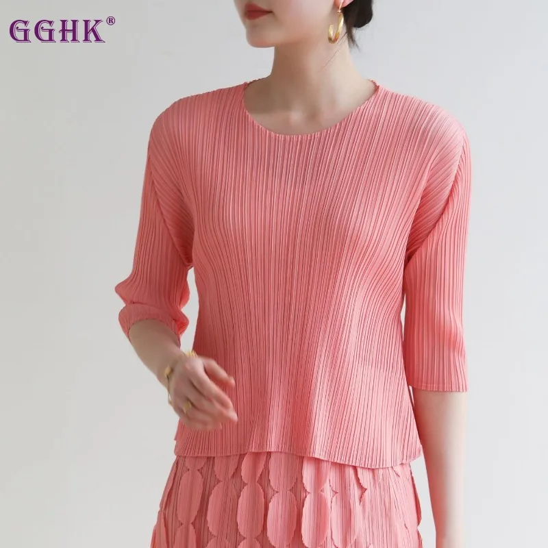 

GGHK Pleated Women Casual T-shirt 2024 Summer New Solid Color Round Neck Fashion Loose Comfortable Korean Female T-shirt