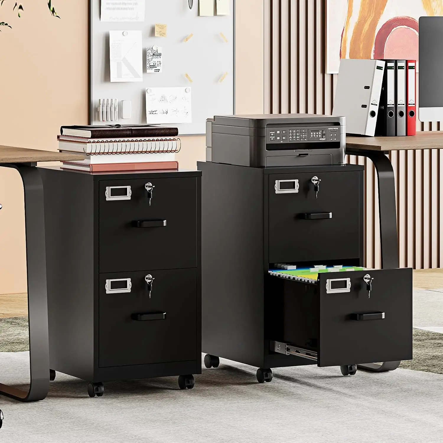 2 Drawer File Cabinet with Lock, Vertical Metal Filing Cabinets for Home Office, Lockable Storage File Cabinets Under Desk, A4/L