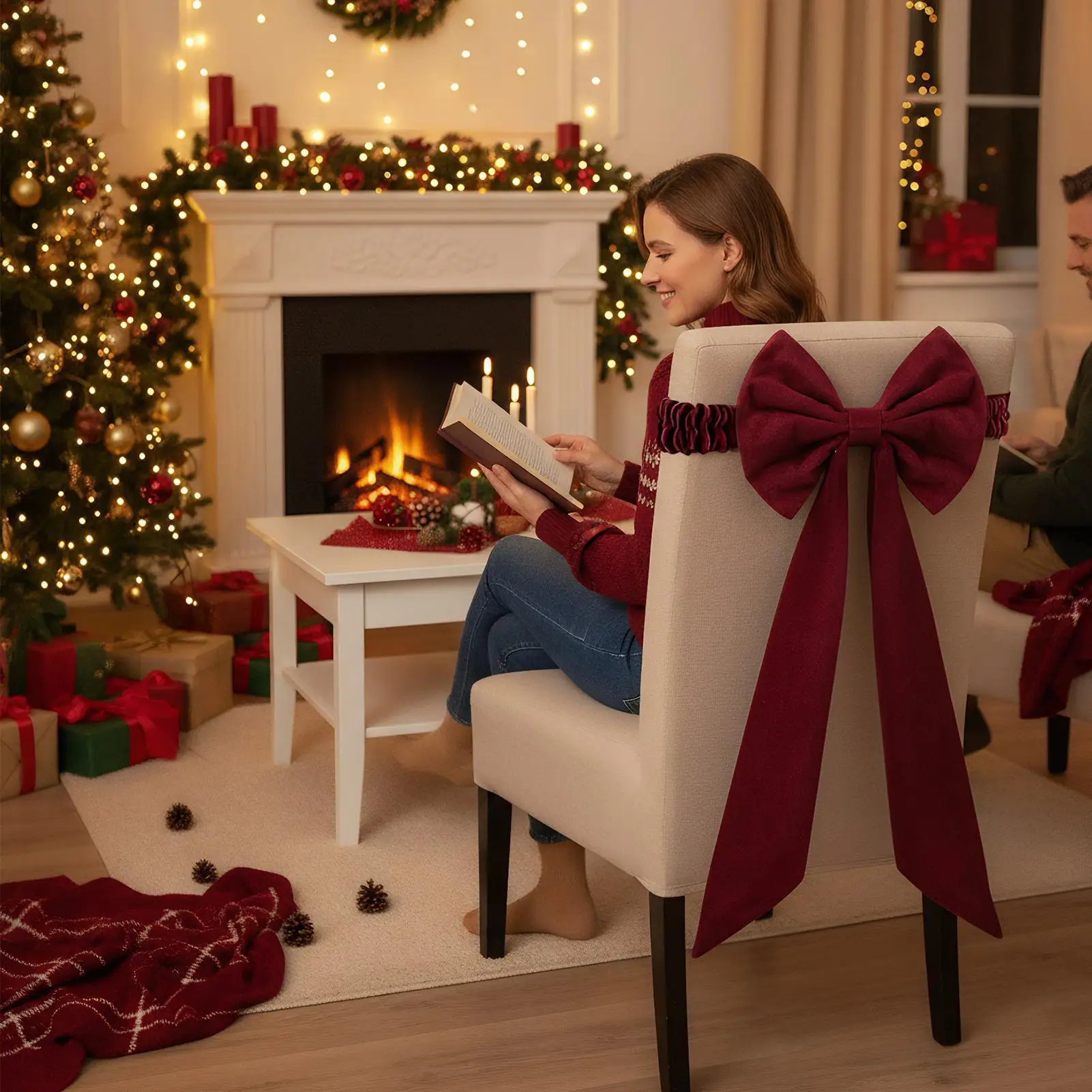 Velvet Chair Sashes Big Bows Tie Back Elastic Band Red Ornaments Chair Decor for Christmas Wedding Party Banquet Holiday Event view 5