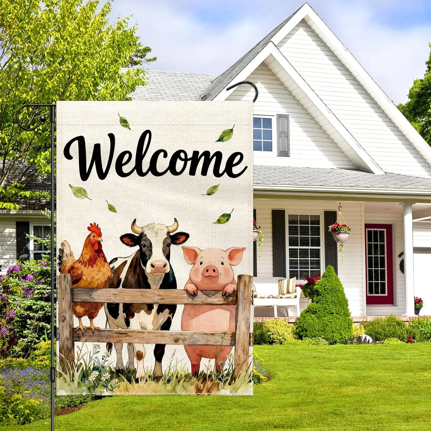 Welcome Farm Animals Garden Flag 12x18 Double Sided, Rooster Pig Cow Decorative Flags for Yard Outside Home Decoration, Funn yyi