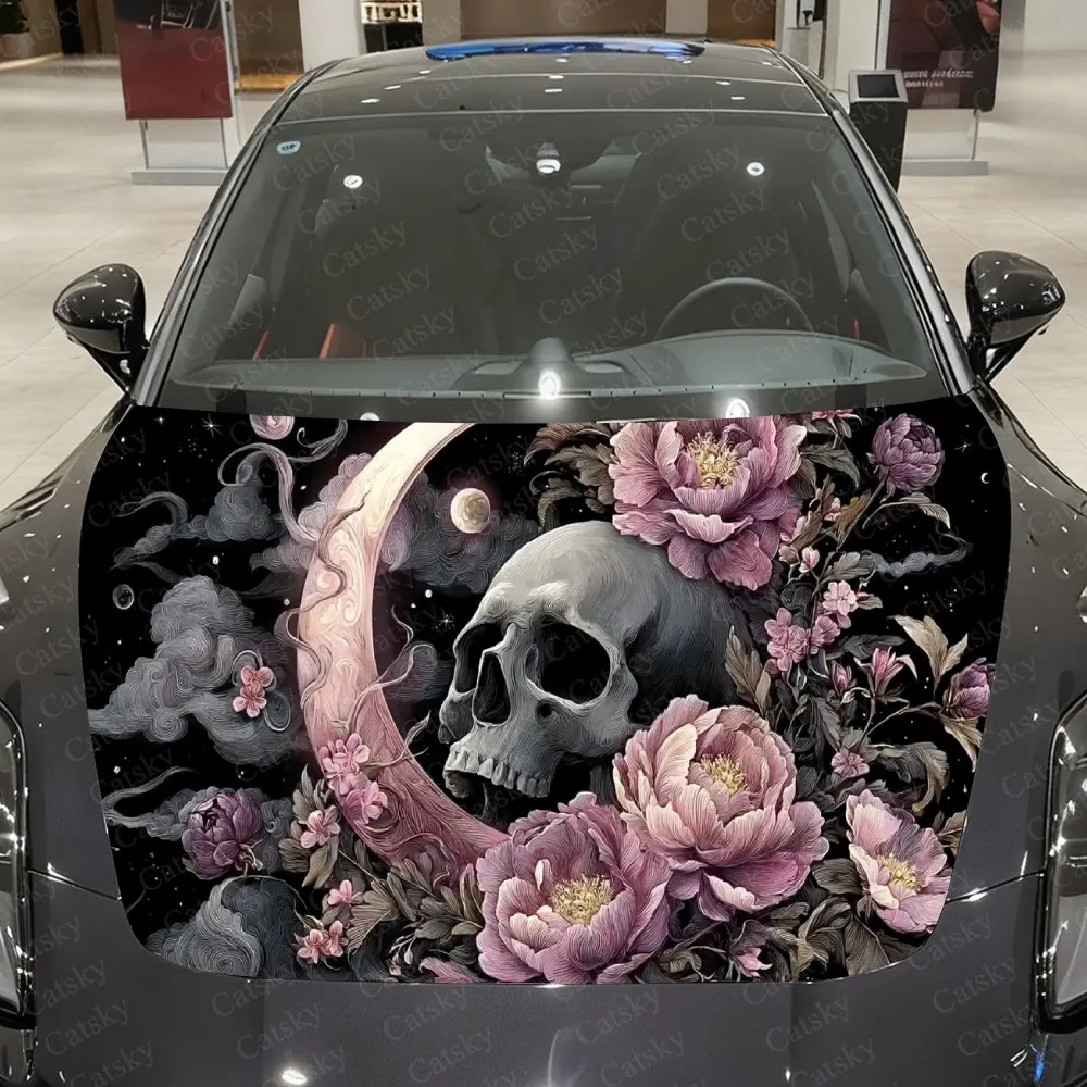 

Moon-Dome Flower Cluster & Skull Car Vinyl Wrap, PVC Waterproof Car Hood Sticker, Self-Adhesive Scratch-Resistant Stickers