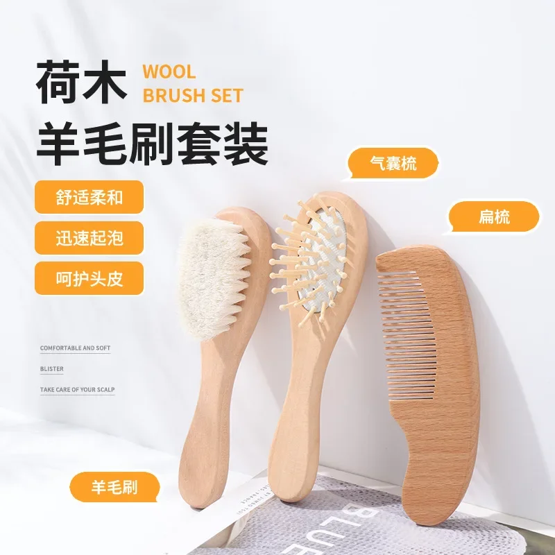 Baby Hair Brush & Comb Set Wooden Handle Baby Round Hair Brush Natural Goat Bristle Cradle-Cap Brush for Toddler Infant