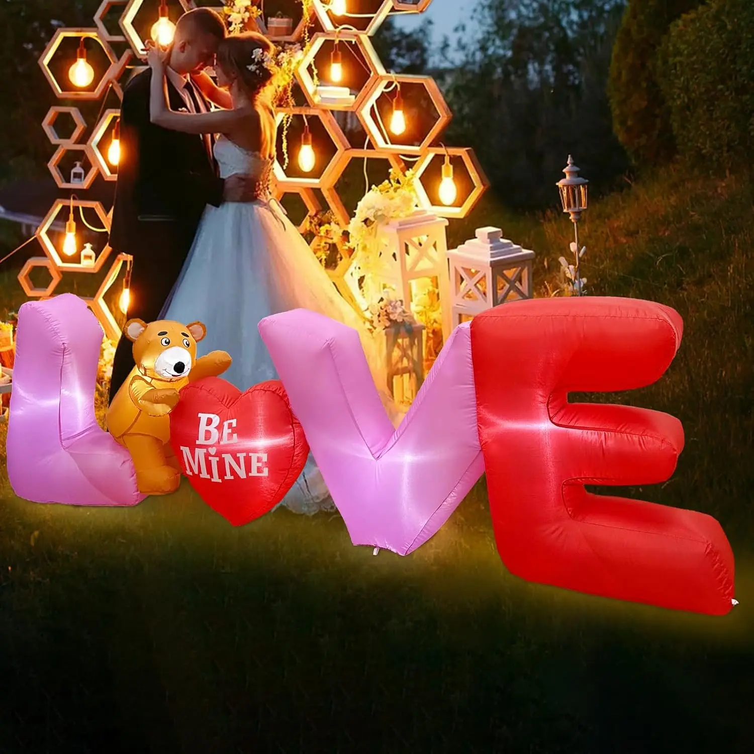 9 pies de largo inflables de San Valentín letras de amor con oso encantador LED iluminado decoraciones románticas de San Valentín juguetes inflables al aire libre