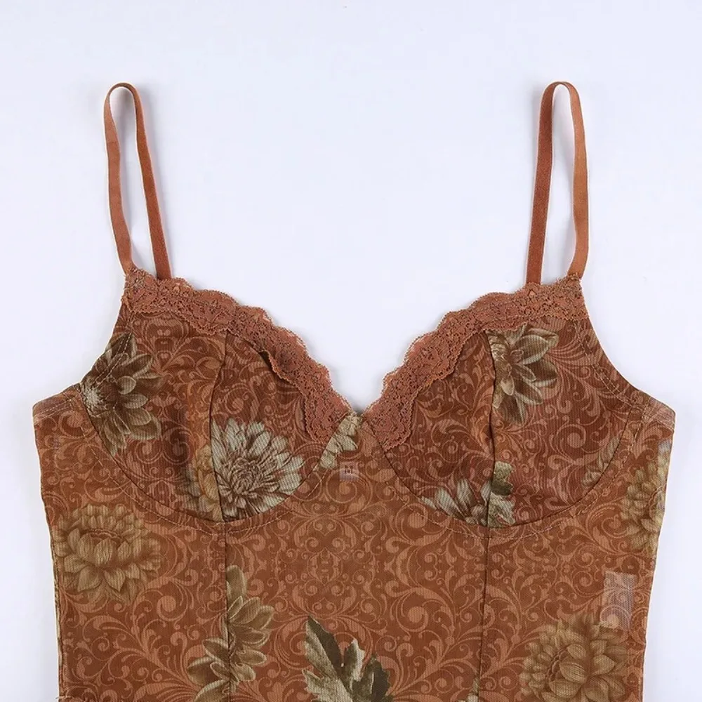 Streetwear Slim Fit Kanten Hemdje Sexy Bruin Kant Bloemen Camis Esdoornblad Gedrukt Harajuku Kanten Corset Dames