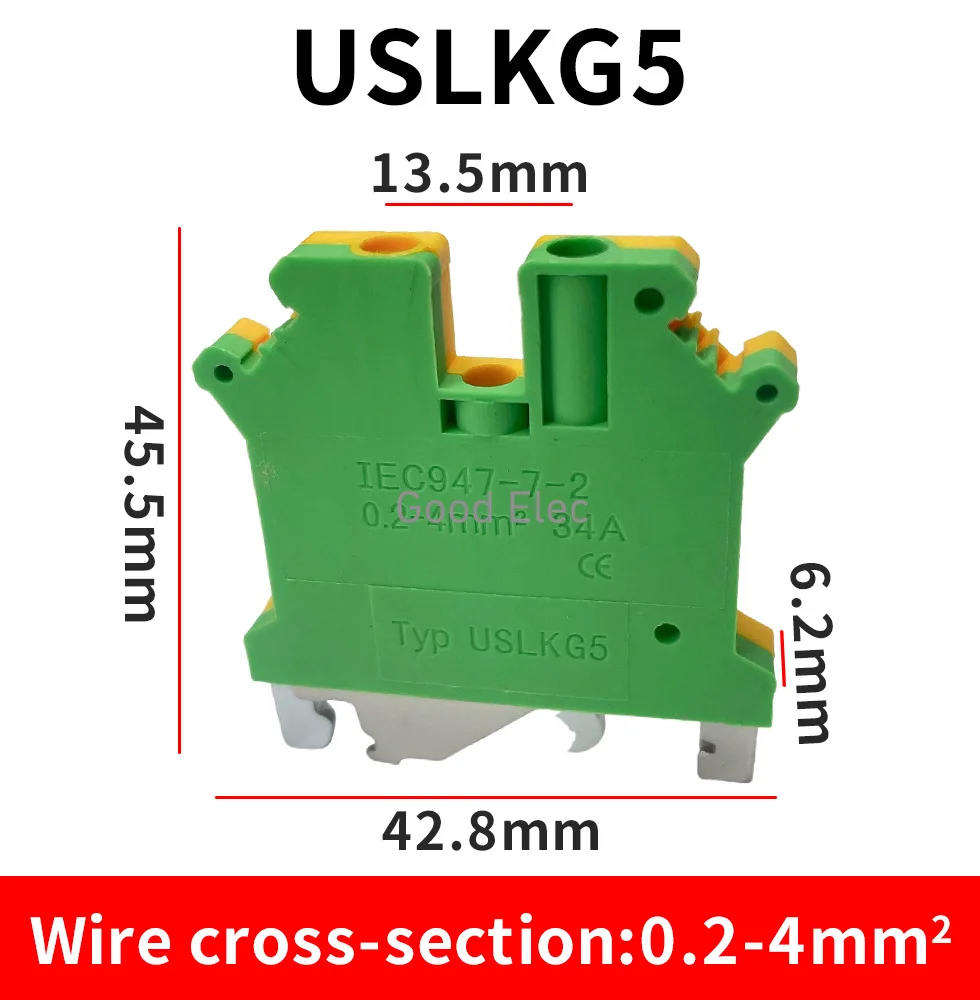 5pcs USLKG-5 Yellow-Green Pure copper earth terminal row double-color earthing terminal guide terminals grounding terminal