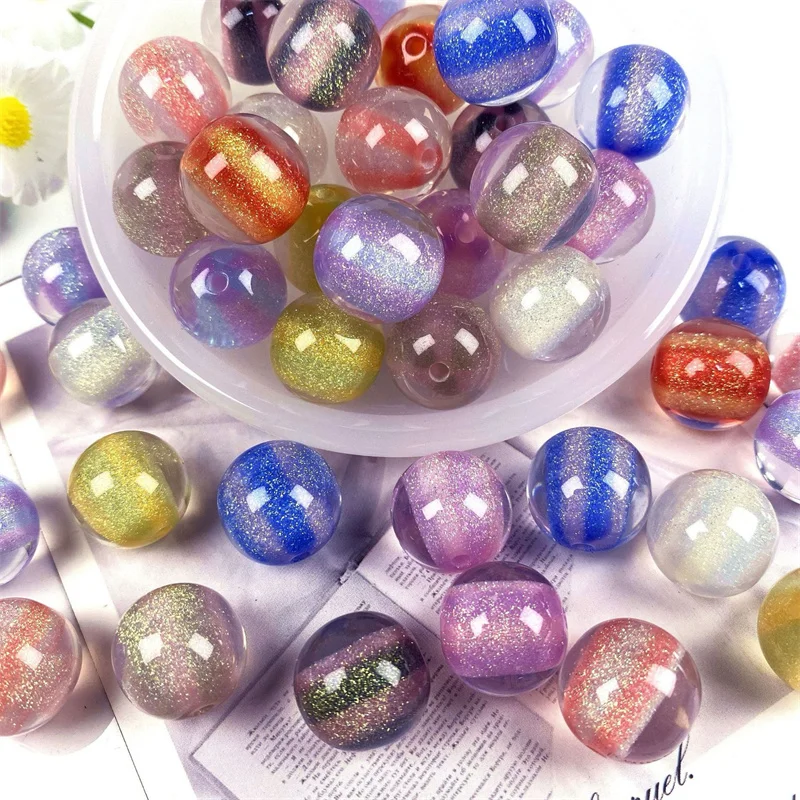 Newest 100pcs/lot 16mm color glitter effect geometry rounds shape resin straight hole beads diy jewelry garment hair accessory