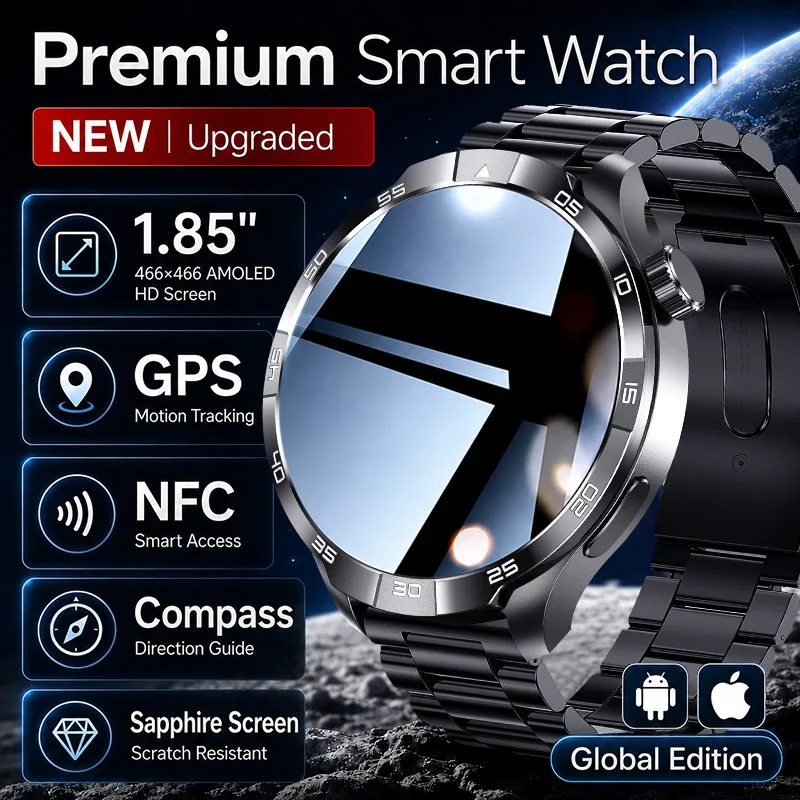 2026 premium relógio inteligente 1.85 "amoled tela de safira gps nfc bússola ip68 à prova dip68 água bluetooth chamada edição global hd smartwatch