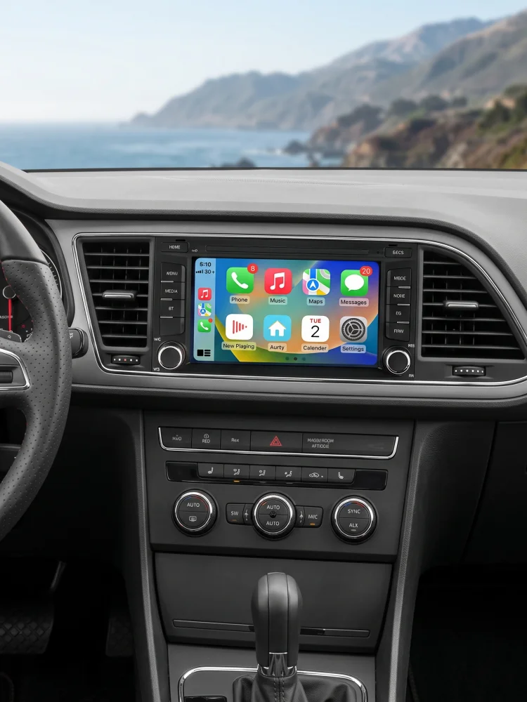 Bonroad 7-calowe radio samochodowe z systemem Linux, bezprzewodowym CarPlay, kompatybilne z Seat Leon Mk3 5F (2012-2020), wyposażone w funkcje AirPlay, Mirror Link, kamerę, Bluetooth, nawigację GPS — 2