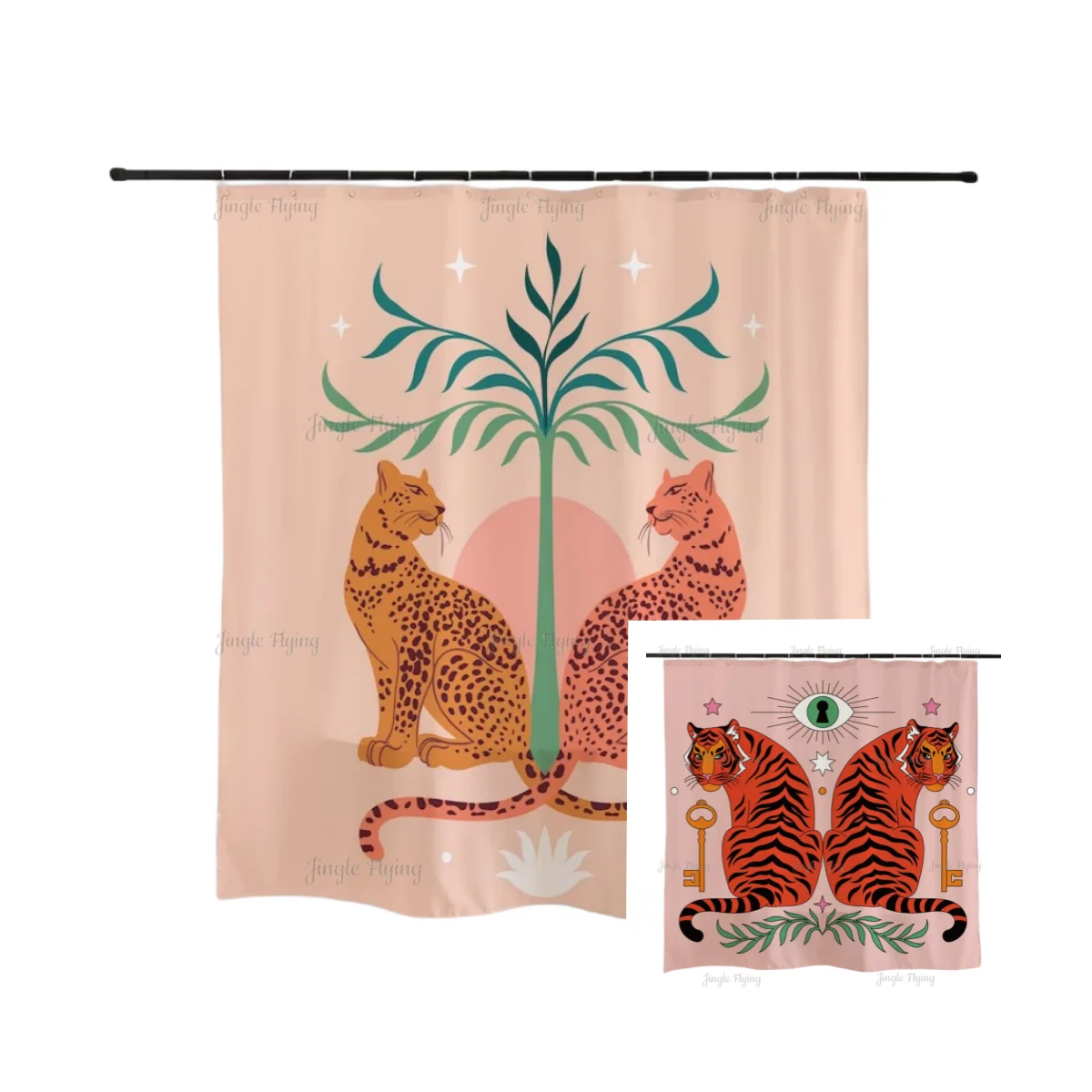 Cute Tiger And Providence Eye Shower Curtain Pink Leopard And Leaf Print Modern Bathroom Waterproof Decoration