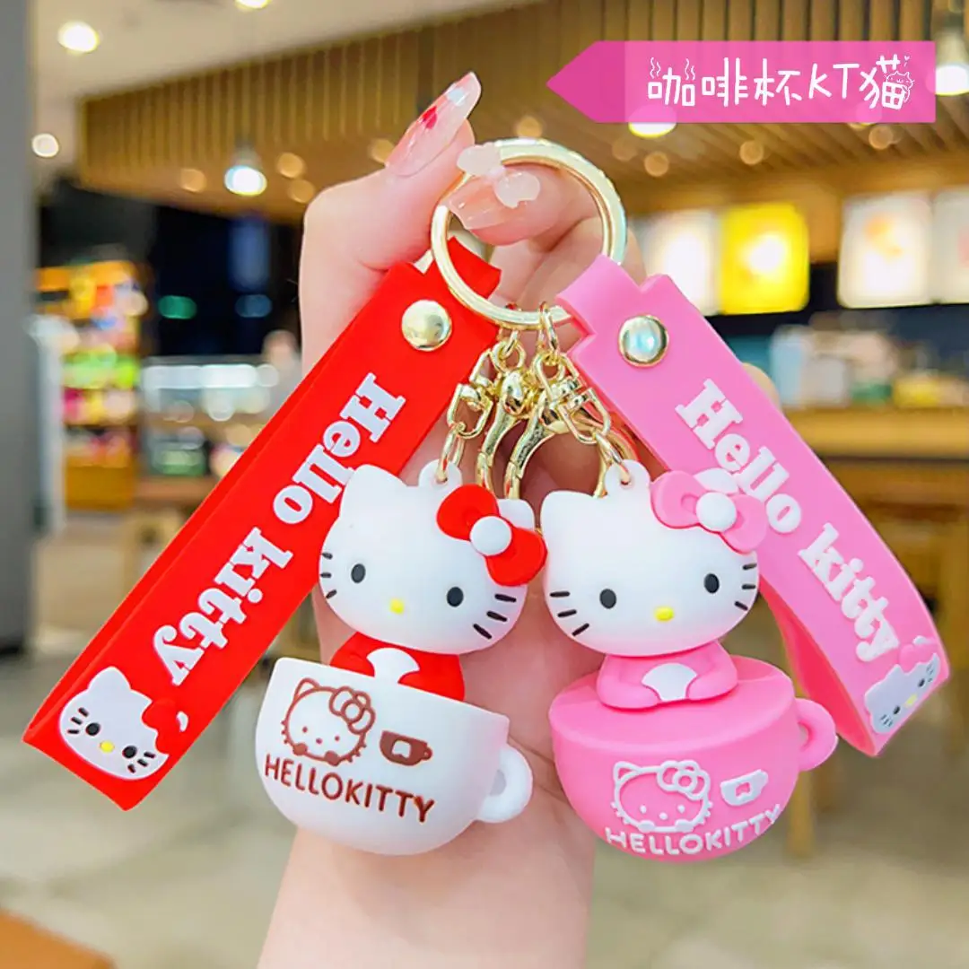 

Coffee cup Hello Kitty cartoon keychain creative small gifts cute schoolbag pendant doll car key chain