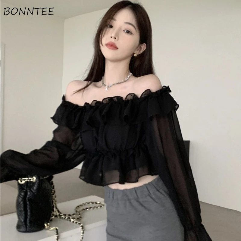 Ruffles Blouses Women Slash Neck Hotsweet Graceful Gentle Spring New Ins Popular Charming Korean Style Ladylike Solid Crop Tops